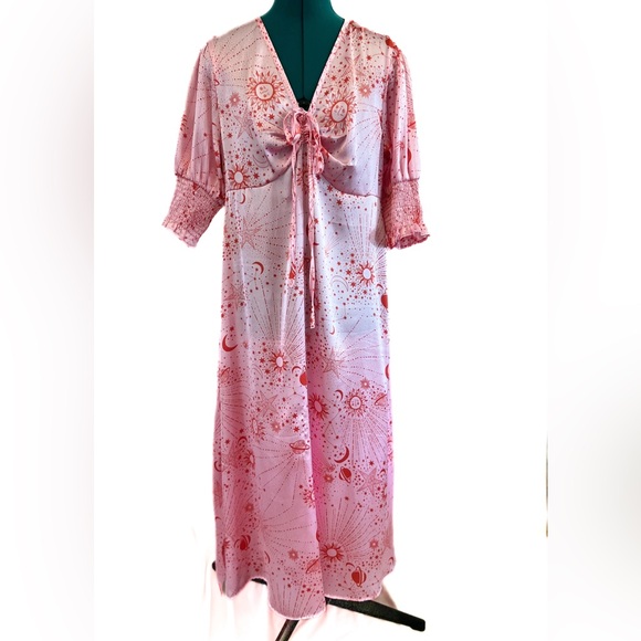 Neon Rose Ruched Bust Midi Tea Dress In Pink Red Celestial Satin Size XL… - Picture 5 of 14